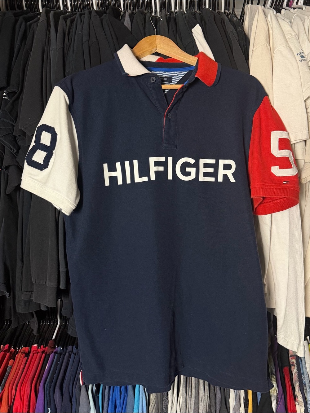 Tommy Hilfiger Rugby Polo Shirt Men’s Large Navy Colorblock Hip Hop Streetwear